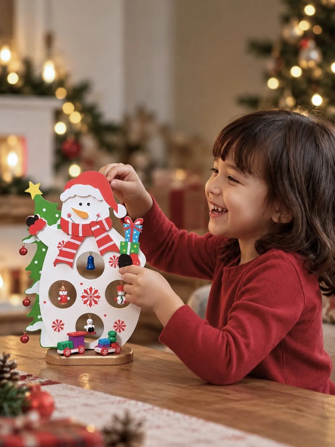 DIY Snowman Wooden Christmas figurine Table Décor with Hanging Miniatures & Toy Train, Xmas gifts for Kids