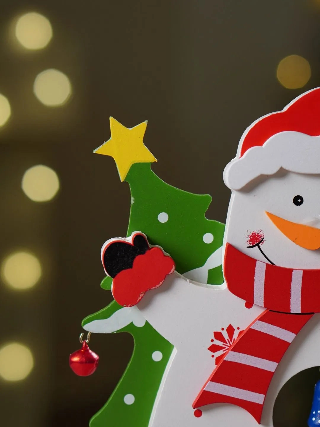 DIY Snowman Wooden Christmas figurine Table Décor with Hanging Miniatures & Toy Train, Xmas gifts for Kids