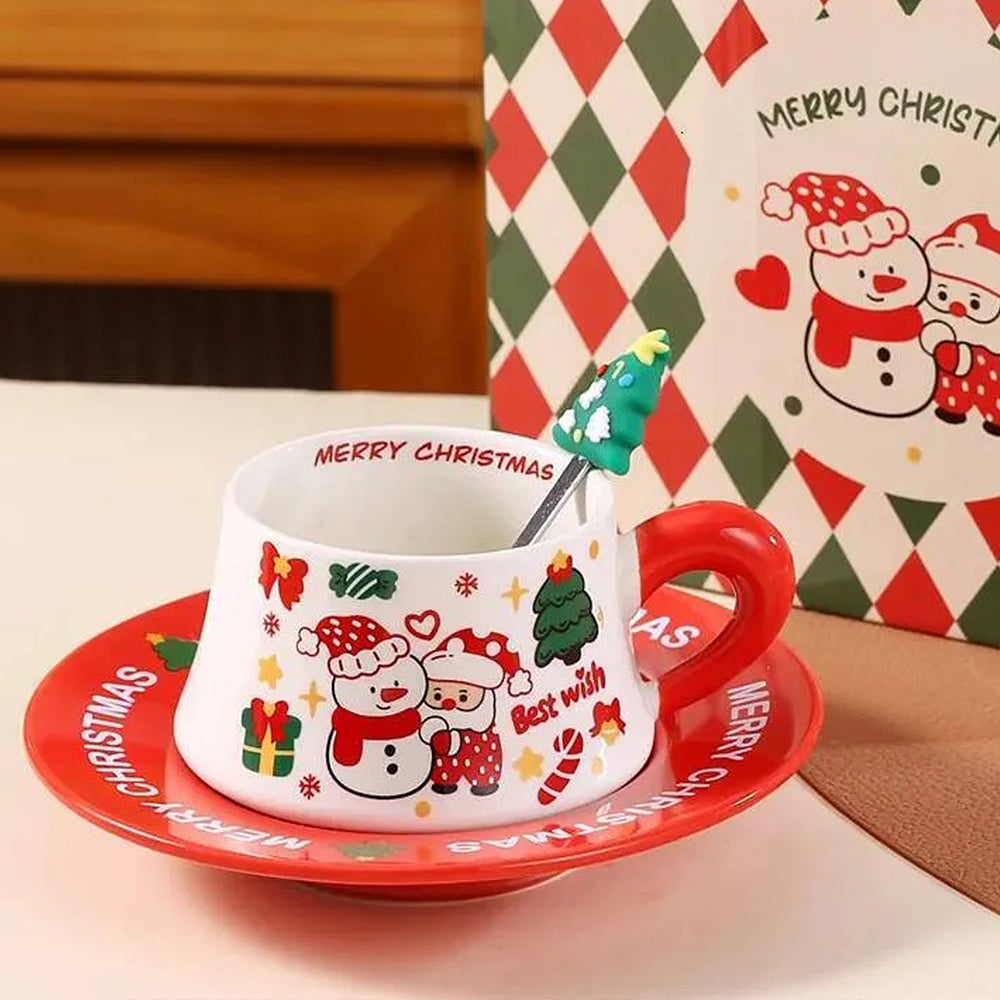 Snowman with Santa Christmas themed Ceramic Cup & Saucer with 3D Christmas Tree Spoon Gift Box Set