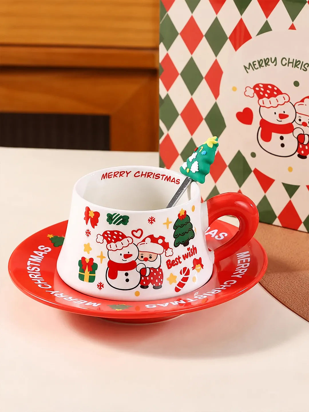 Snowman with Santa Christmas themed Ceramic Cup & Saucer with 3D Christmas Tree Spoon Gift Box Set