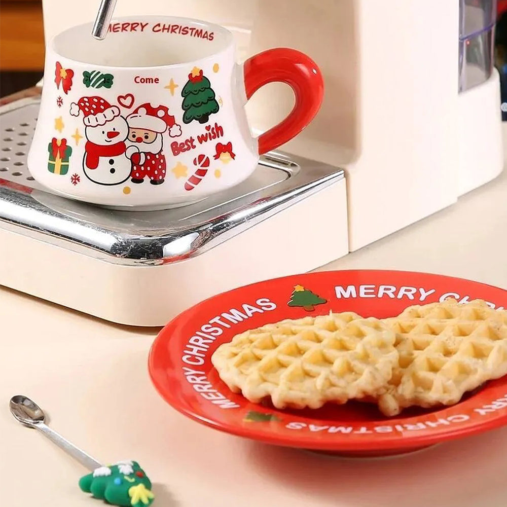 Snowman with Santa Christmas themed Ceramic Cup & Saucer with 3D Christmas Tree Spoon Gift Box Set