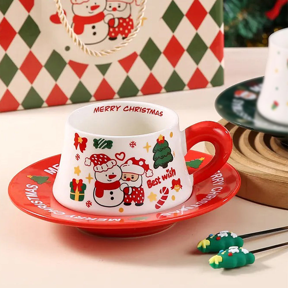 Snowman with Santa Christmas themed Ceramic Cup & Saucer with 3D Christmas Tree Spoon Gift Box Set