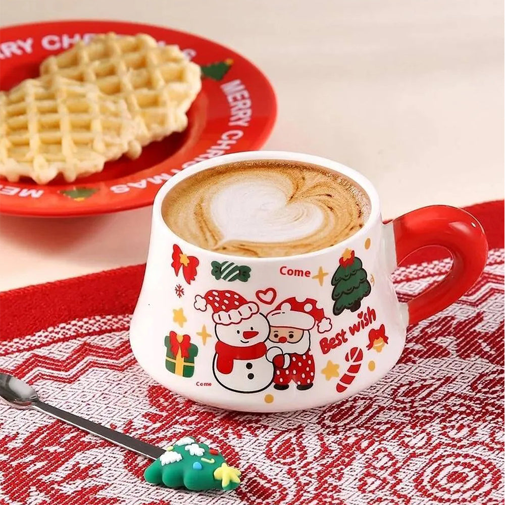 Snowman with Santa Christmas themed Ceramic Cup & Saucer with 3D Christmas Tree Spoon Gift Box Set