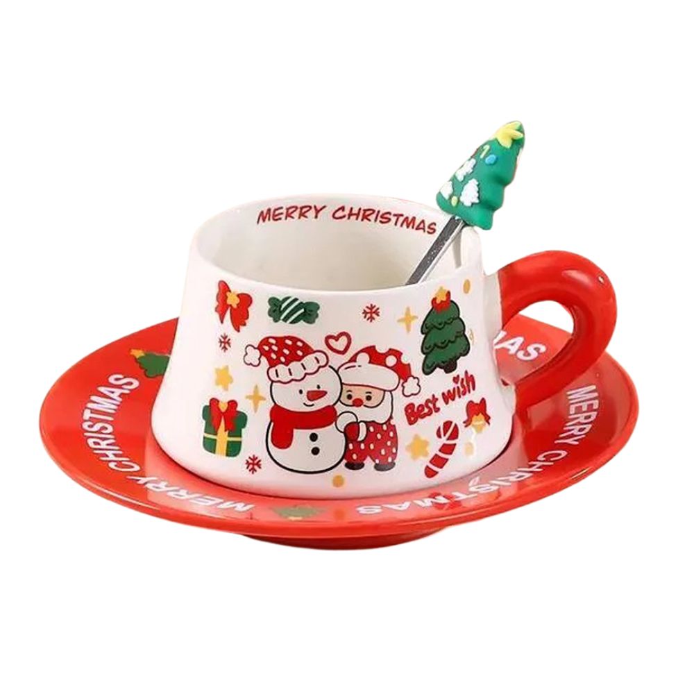 Snowman with Santa Christmas themed Ceramic Cup & Saucer with 3D Christmas Tree Spoon Gift Box Set
