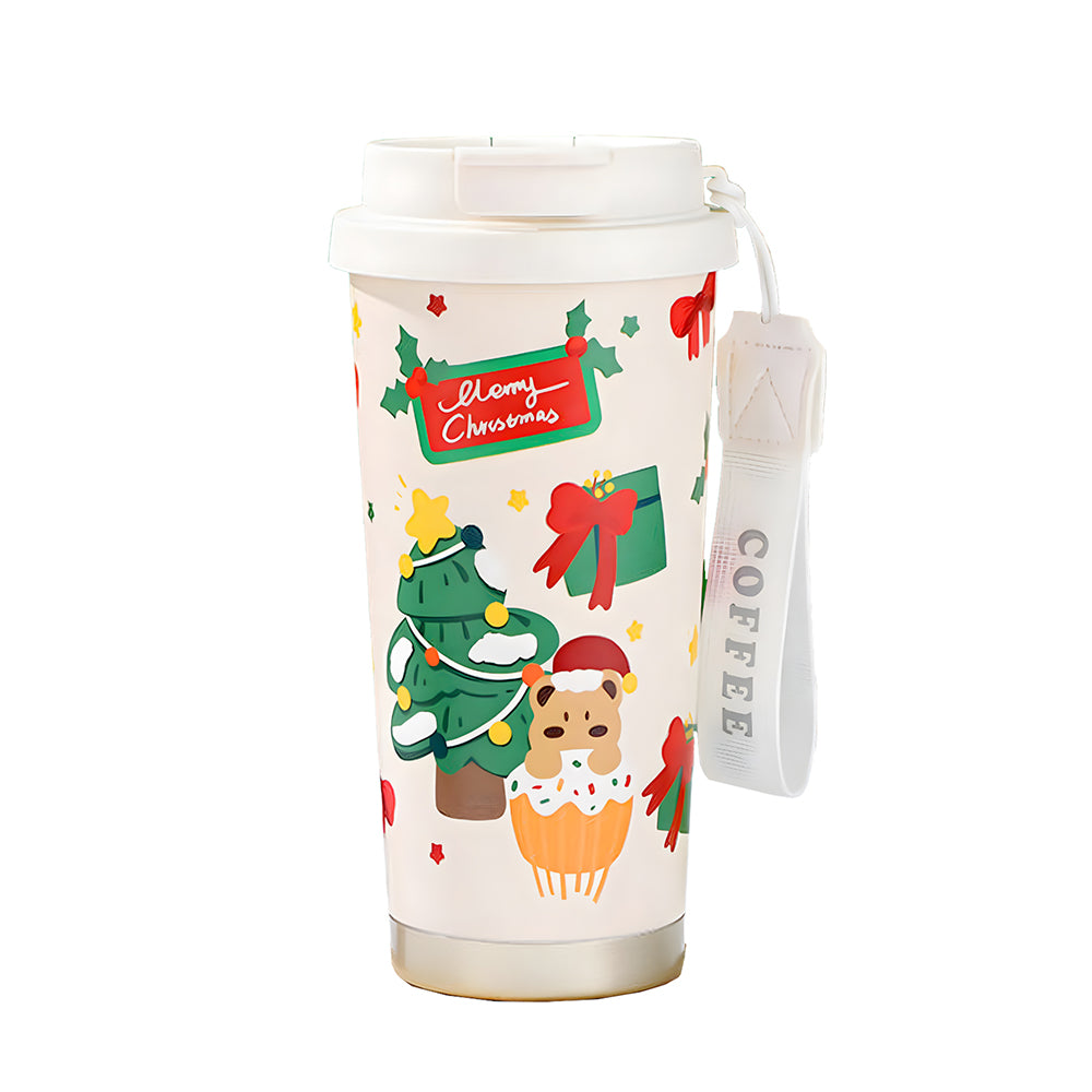 Christmas Tree & Bear Cupcake, xmas themed, stainless steel Coffee/Water Tumbler Bottle, 500ml with free cleaning brush