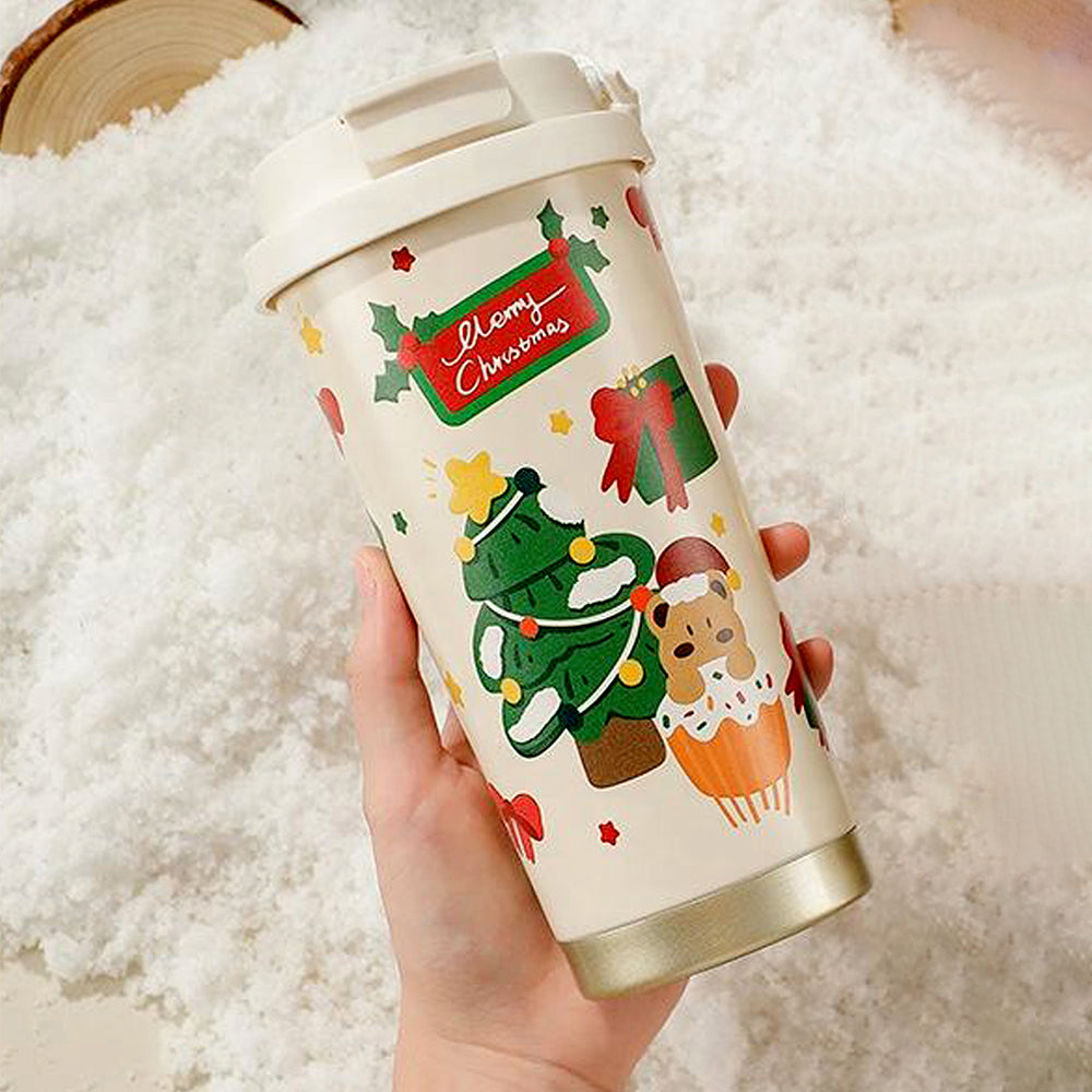 Christmas Tree & Bear Cupcake, xmas themed, stainless steel Coffee/Water Tumbler Bottle, 500ml with free cleaning brush