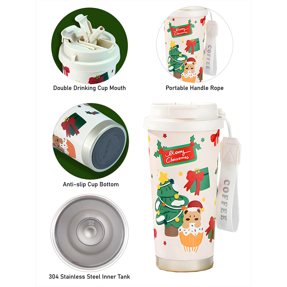 Christmas Tree & Bear Cupcake, xmas themed, stainless steel Coffee/Water Tumbler Bottle, 500ml with free cleaning brush