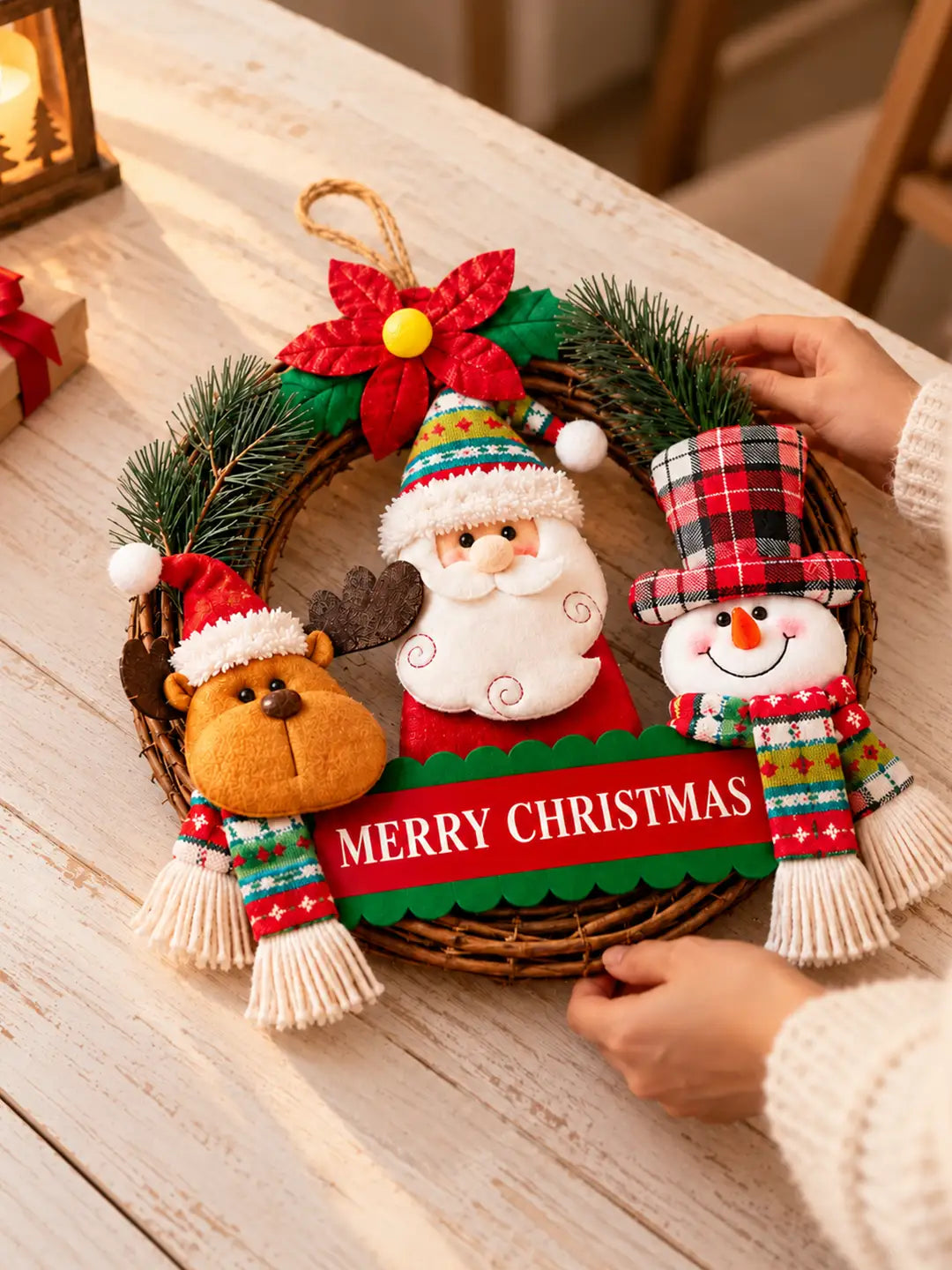 14 Inches Trio Santa, Reindeer & Snowman Wreath for Wall & Door hanging Home Décor