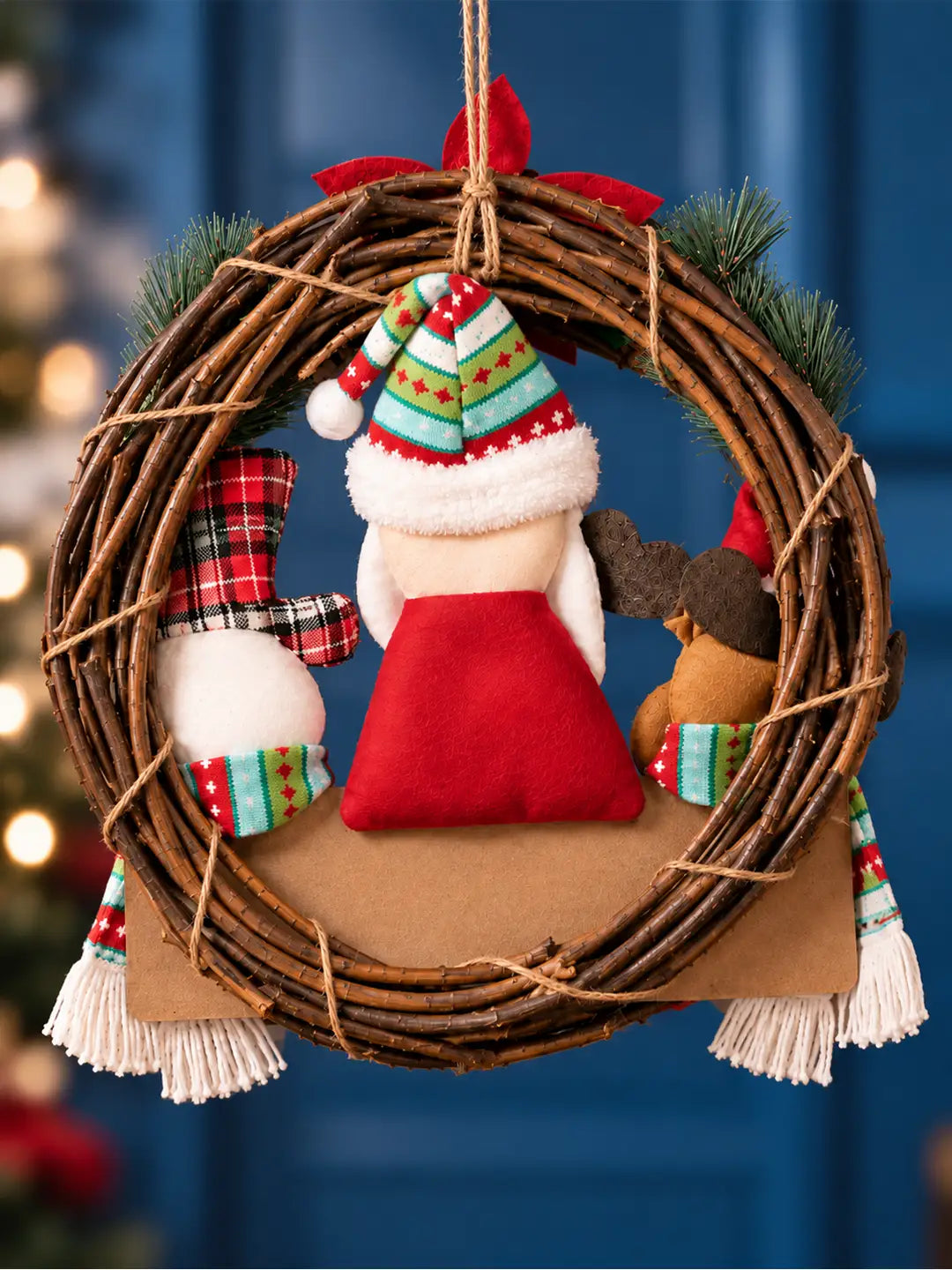 14 Inches Trio Santa, Reindeer & Snowman Wreath for Wall & Door hanging Home Décor