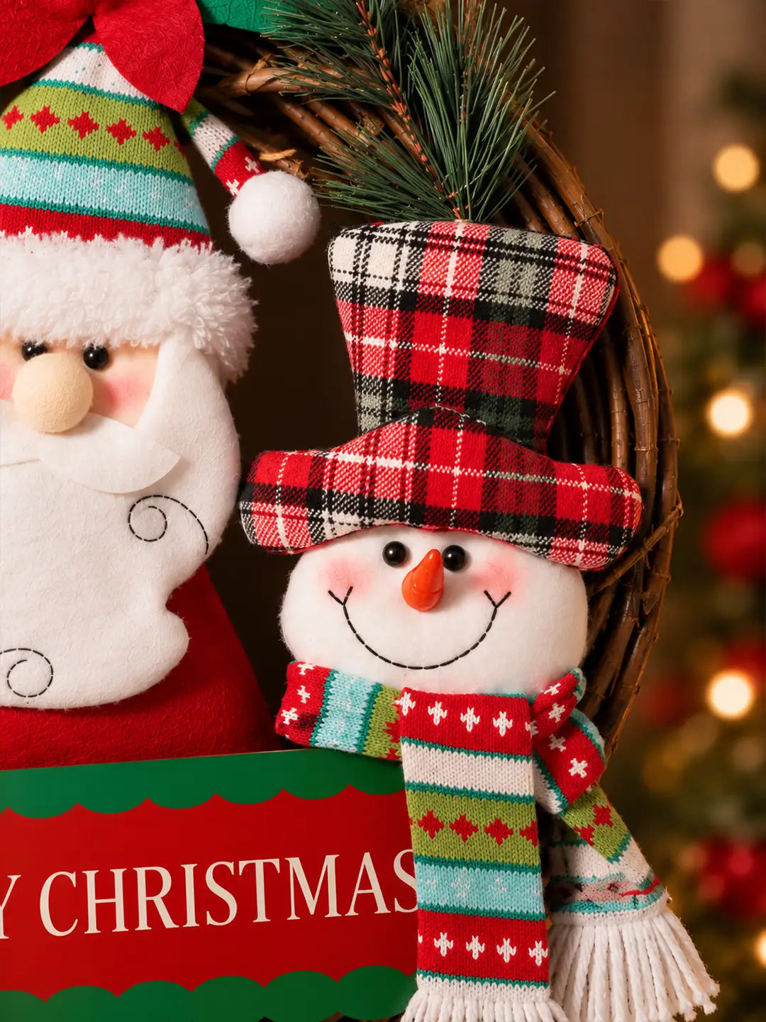 14 Inches Trio Santa, Reindeer & Snowman Wreath for Wall & Door hanging Home Décor