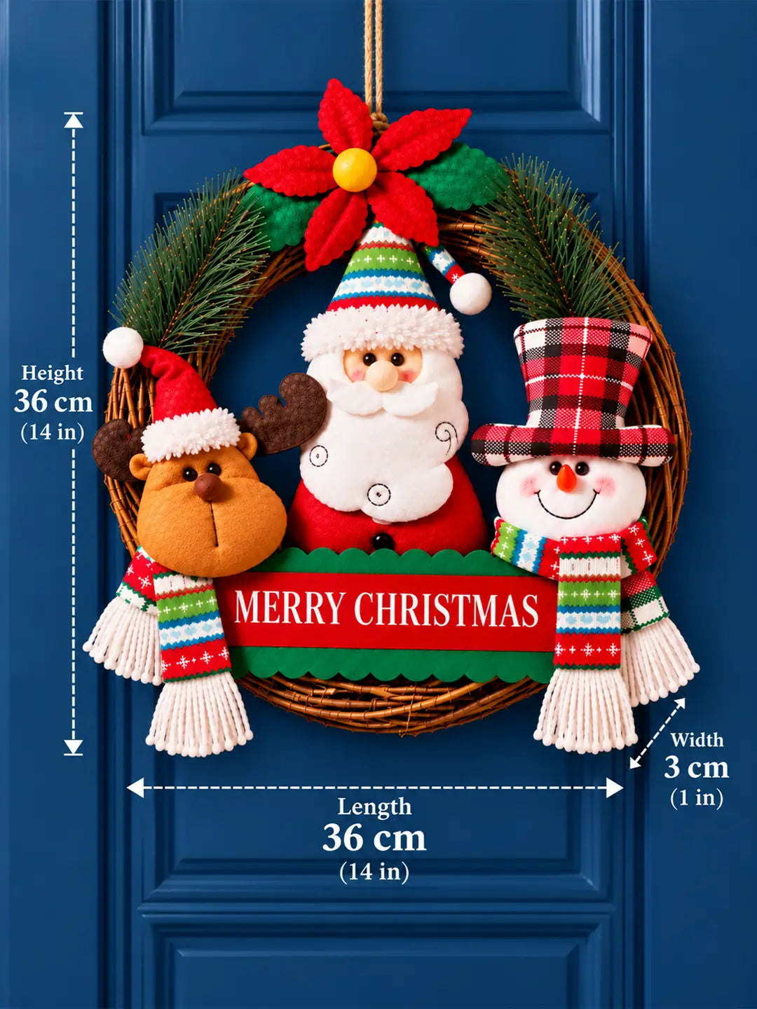 14 Inches Trio Santa, Reindeer & Snowman Wreath for Wall & Door hanging Home Décor