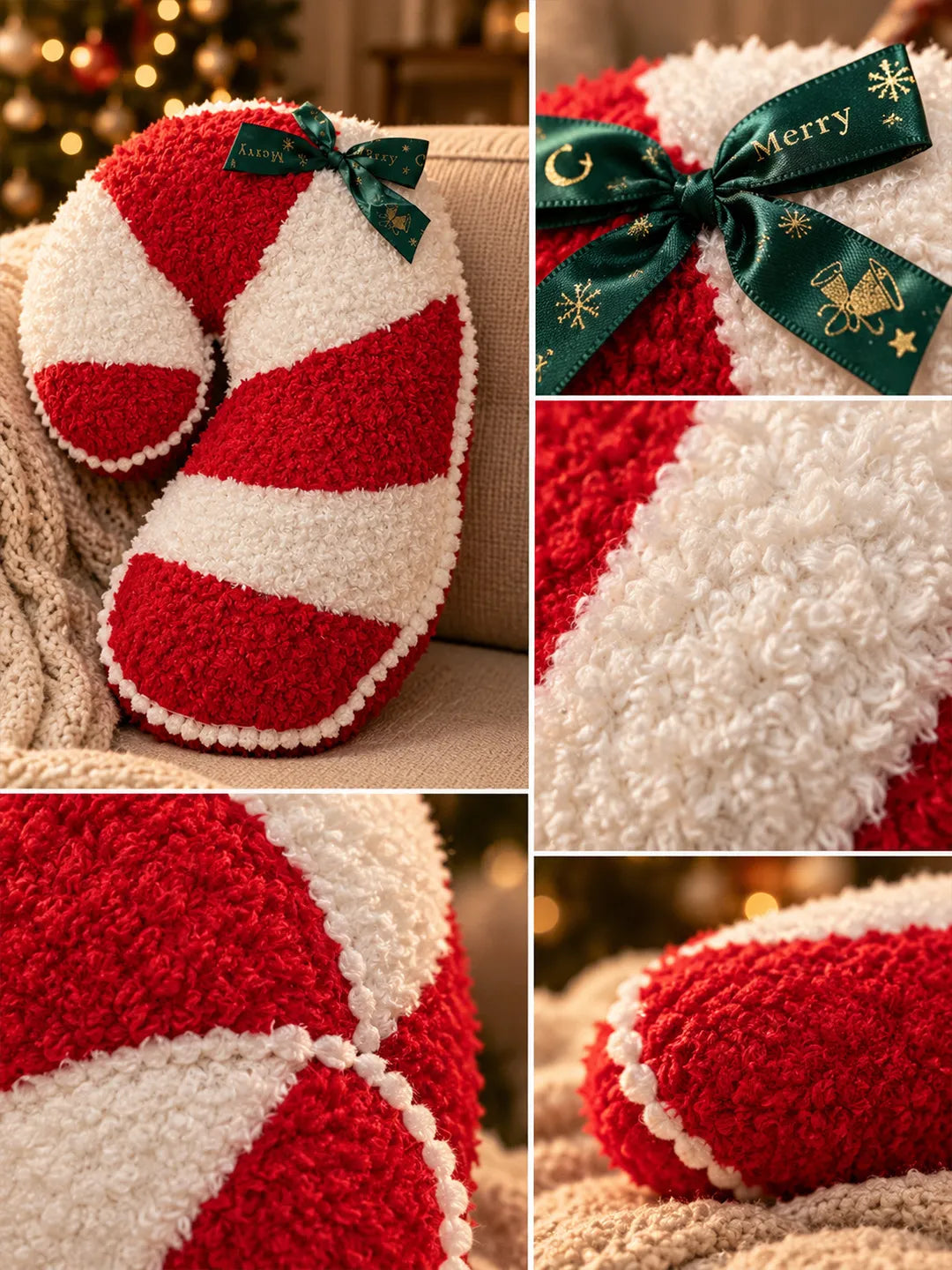 Tufted Candy Cane Shaped Soft Fluffy Christmas Pillow, Sofa Throw & Home Décor