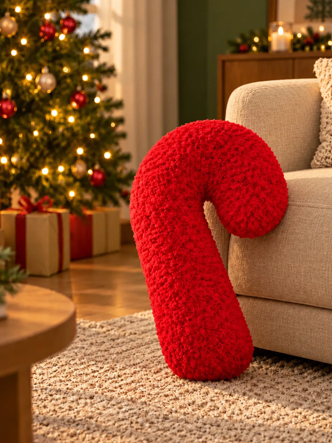 Tufted Candy Cane Shaped Soft Fluffy Christmas Pillow, Sofa Throw & Home Décor