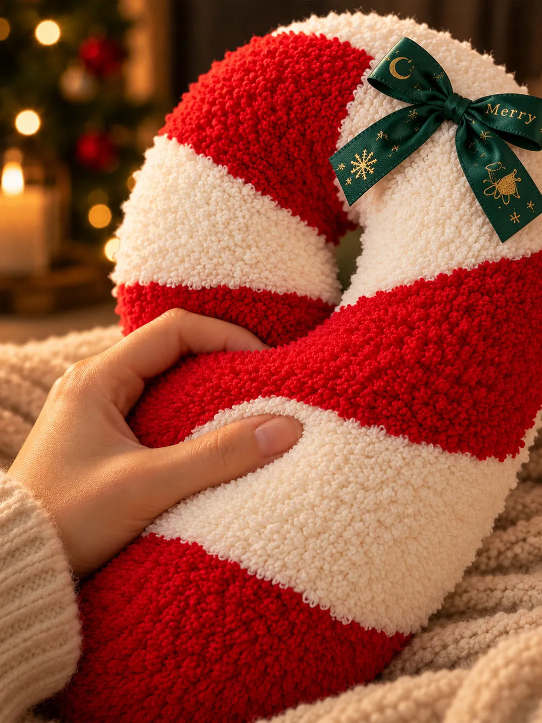Tufted Candy Cane Shaped Soft Fluffy Christmas Pillow, Sofa Throw & Home Décor
