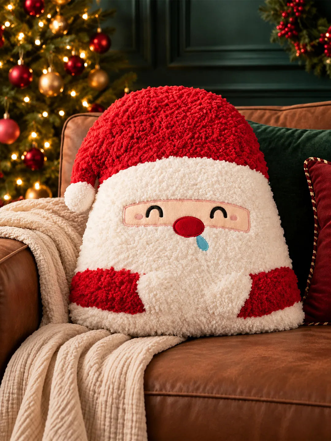 Tufted Cute Santa Face Soft Fluffy Christmas Pillow, Sofa Throw & Home Décor