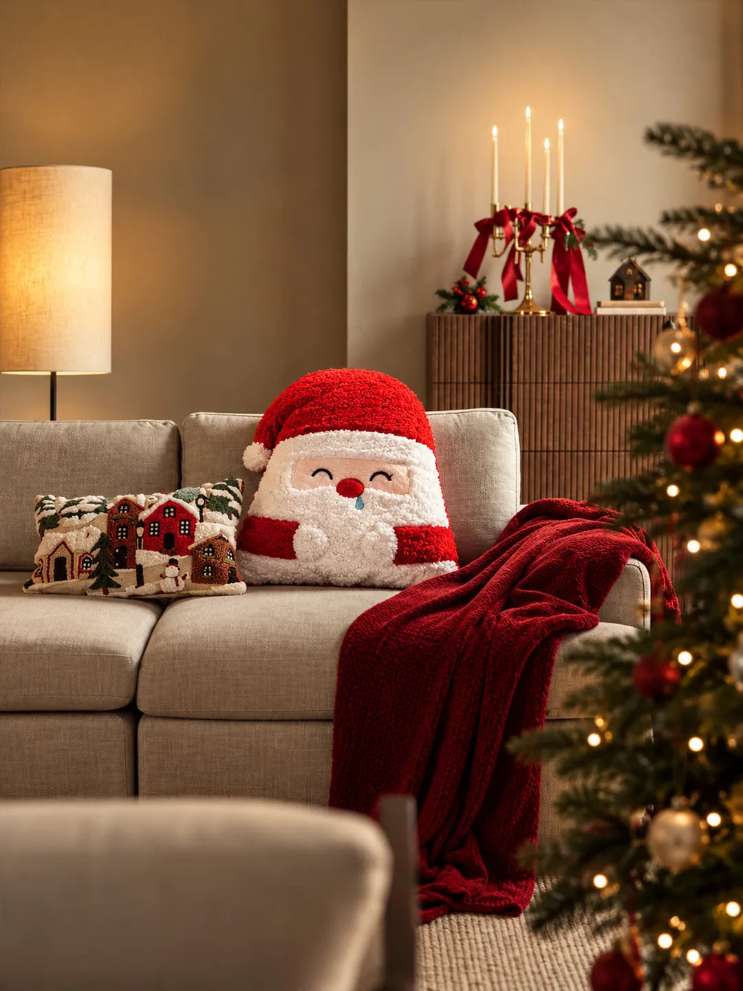 Tufted Cute Santa Face Soft Fluffy Christmas Pillow, Sofa Throw & Home Décor
