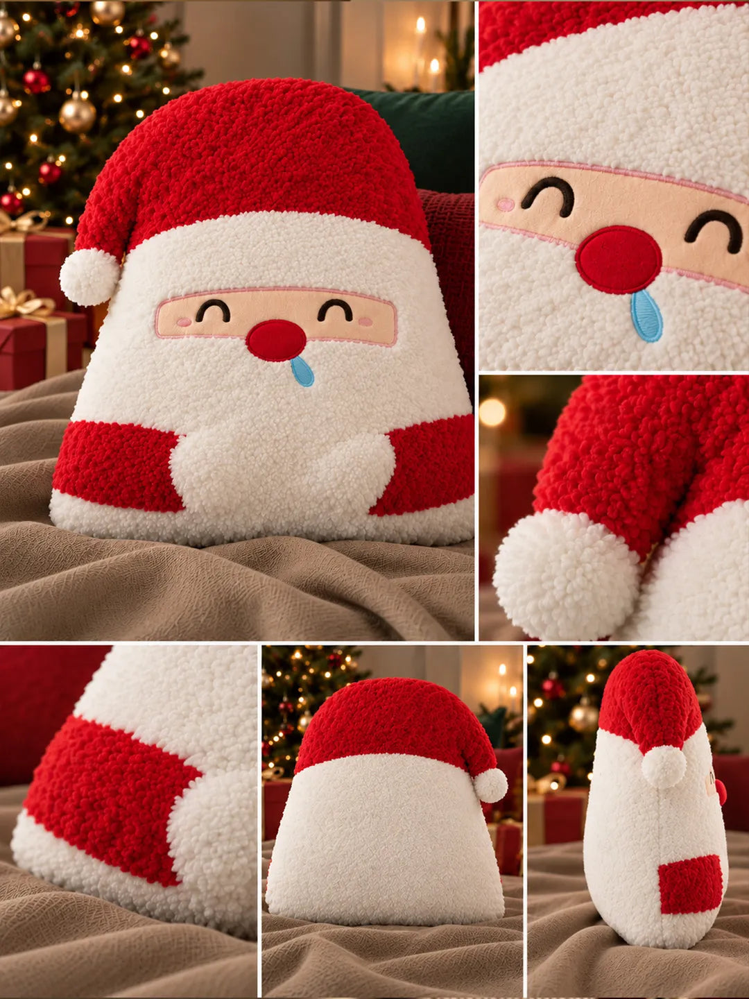 Tufted Cute Santa Face Soft Fluffy Christmas Pillow, Sofa Throw & Home Décor