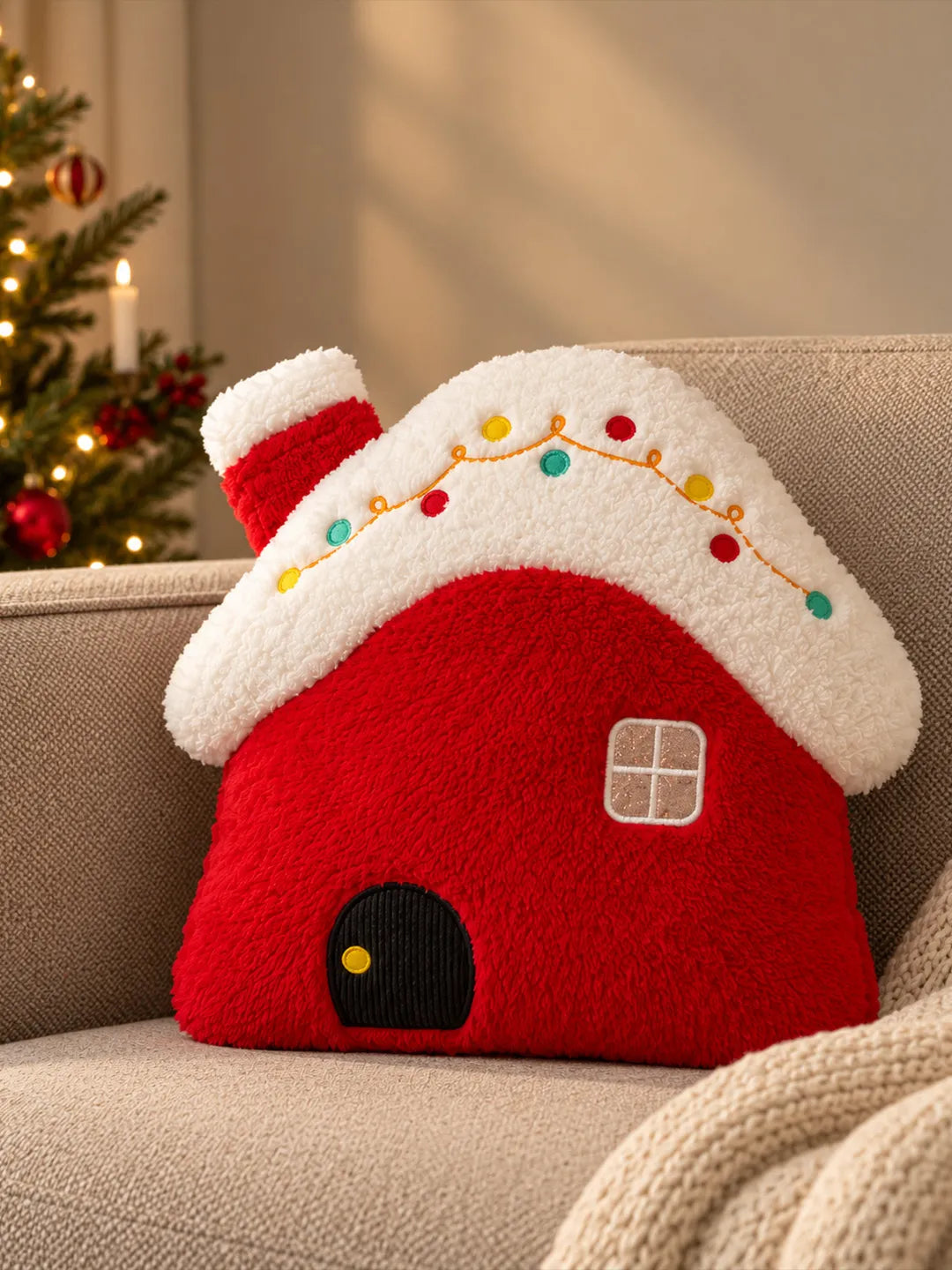 Red & White Home Shaped Soft Fluffy Christmas Pillow, Sofa Throw & Home Décor