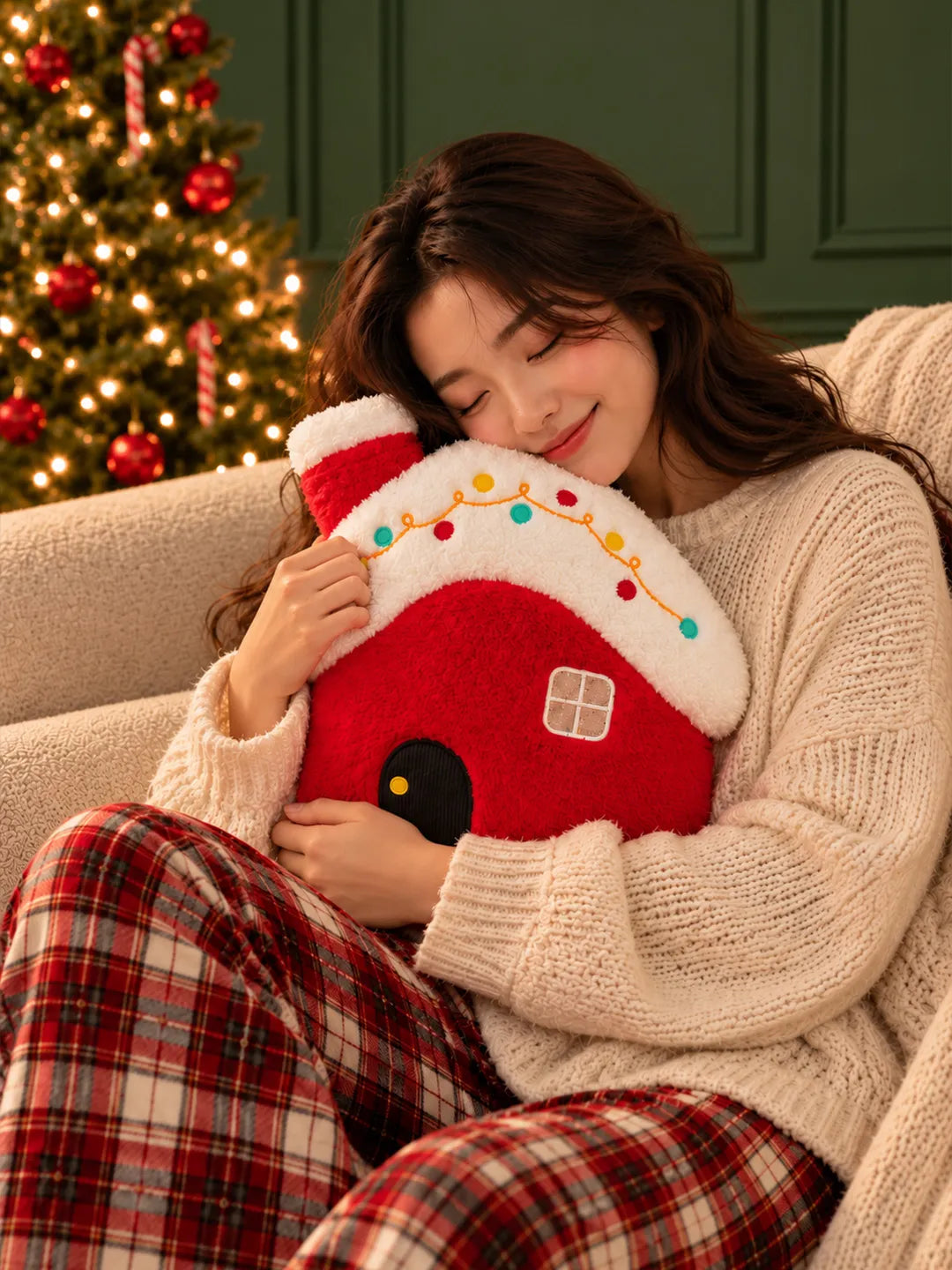 Red & White Home Shaped Soft Fluffy Christmas Pillow, Sofa Throw & Home Décor