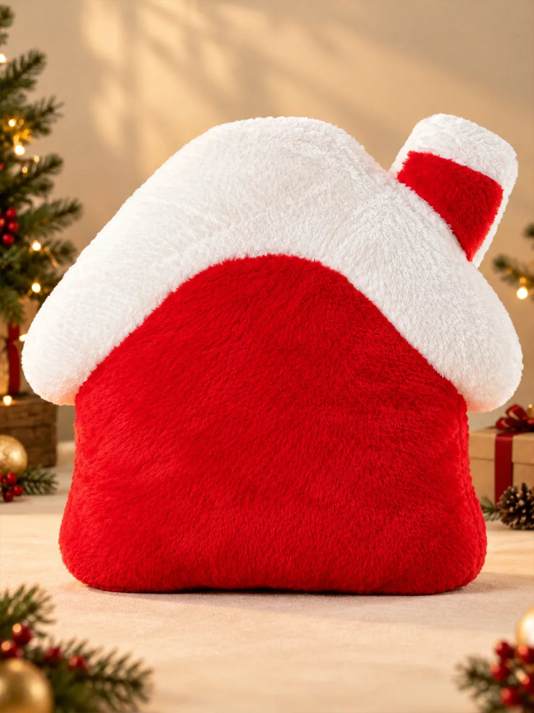 Red & White Home Shaped Soft Fluffy Christmas Pillow, Sofa Throw & Home Décor
