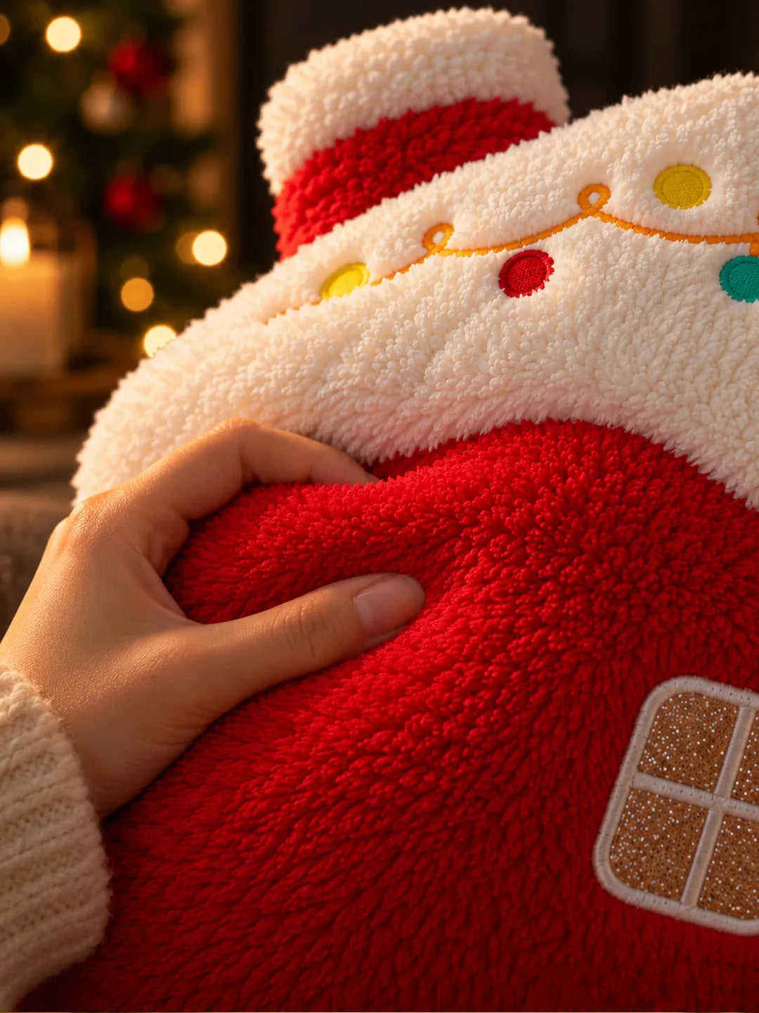 Red & White Home Shaped Soft Fluffy Christmas Pillow, Sofa Throw & Home Décor
