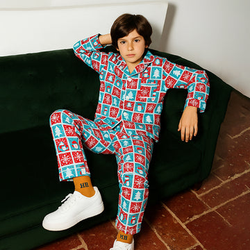 9-13 Yrs, Turquoise Snowman Checkered soft Cotton Kids Christmas Nightsuit