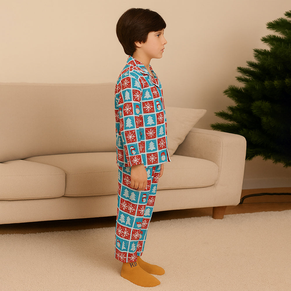 9-13 Yrs, Turquoise Snowman Checkered soft Cotton Kids Christmas Nightsuit