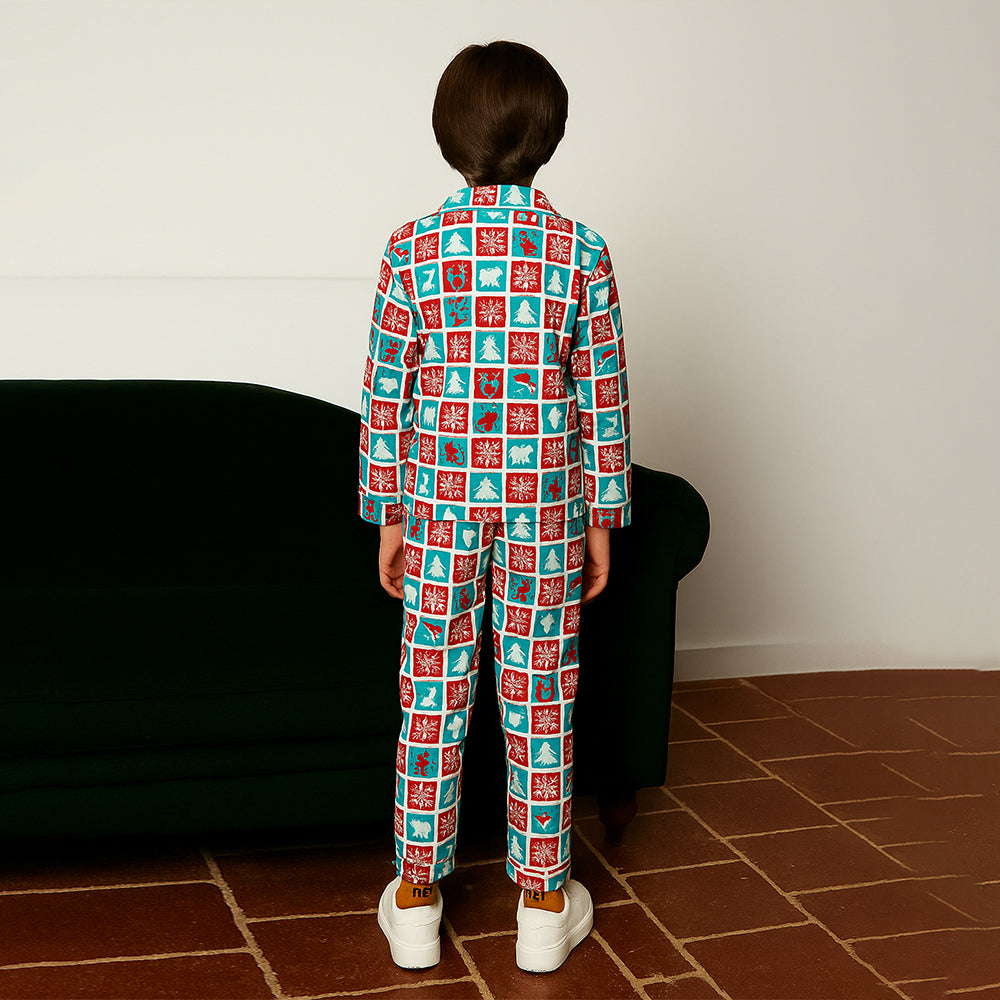 9-13 Yrs, Turquoise Snowman Checkered soft Cotton Kids Christmas Nightsuit