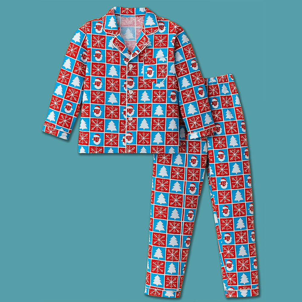 9-13 Yrs, Turquoise Snowman Checkered soft Cotton Kids Christmas Nightsuit