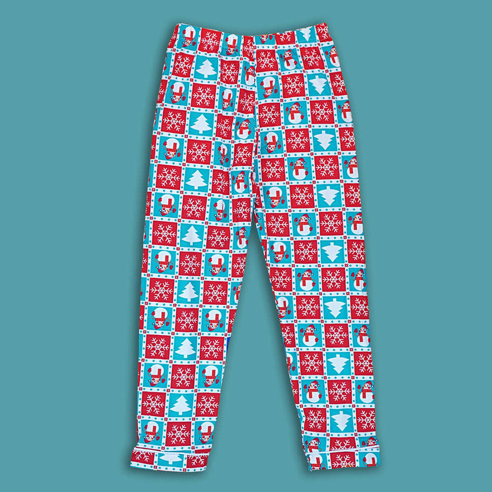 9-13 Yrs, Turquoise Snowman Checkered soft Cotton Kids Christmas Nightsuit