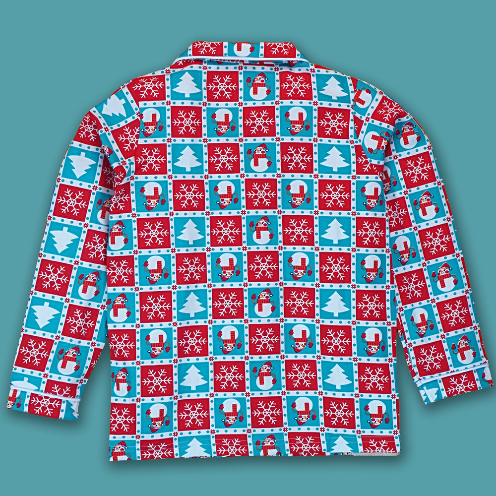 9-13 Yrs, Turquoise Snowman Checkered soft Cotton Kids Christmas Nightsuit