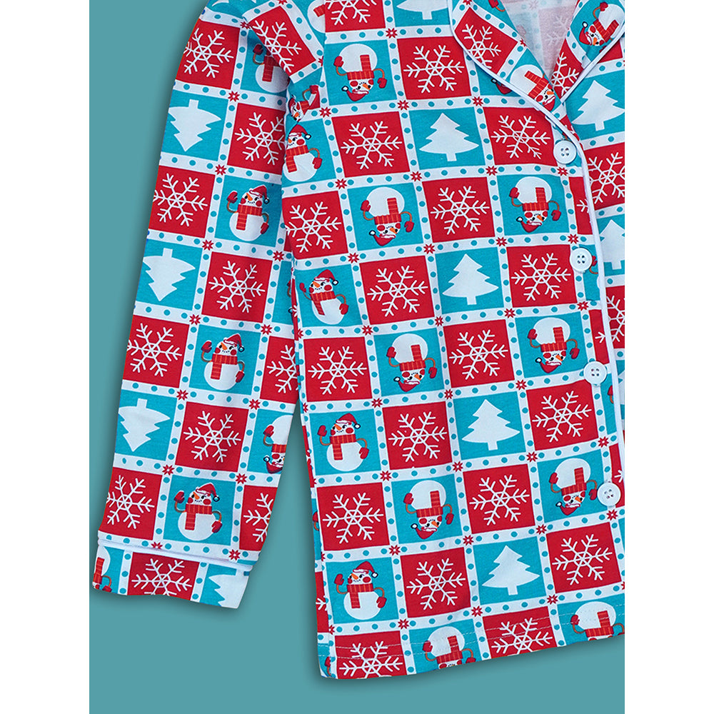 9-13 Yrs, Turquoise Snowman Checkered soft Cotton Kids Christmas Nightsuit