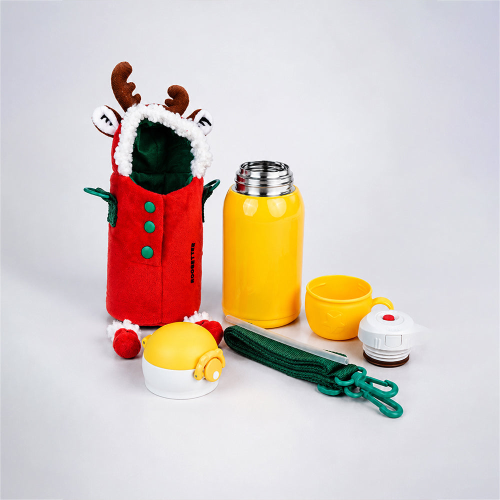 Reindeer Design, Two Lid Series with Plush Cover, Stainless Steel Water Bottle & Hot thermos flask for Kids and Toddlers, 600ml