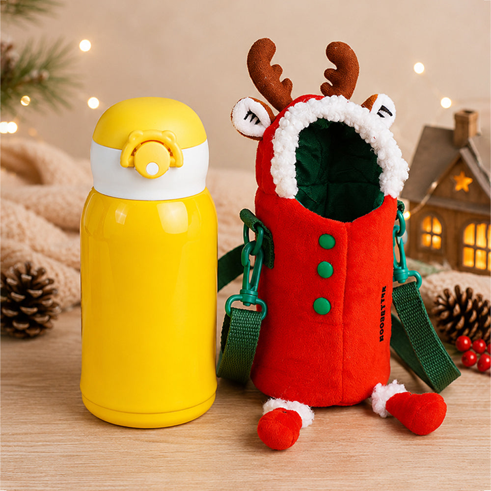 Reindeer Design, Two Lid Series with Plush Cover, Stainless Steel Water Bottle & Hot thermos flask for Kids and Toddlers, 600ml