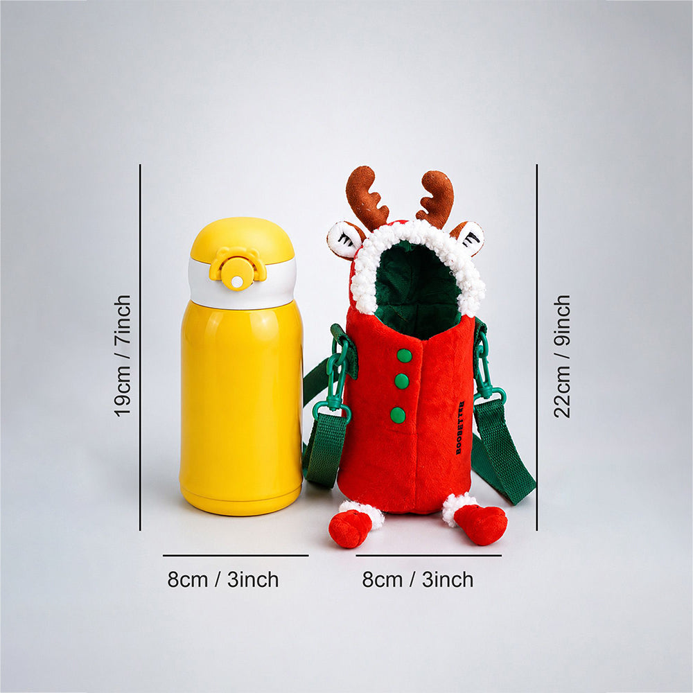 Reindeer Design, Two Lid Series with Plush Cover, Stainless Steel Water Bottle & Hot thermos flask for Kids and Toddlers, 600ml