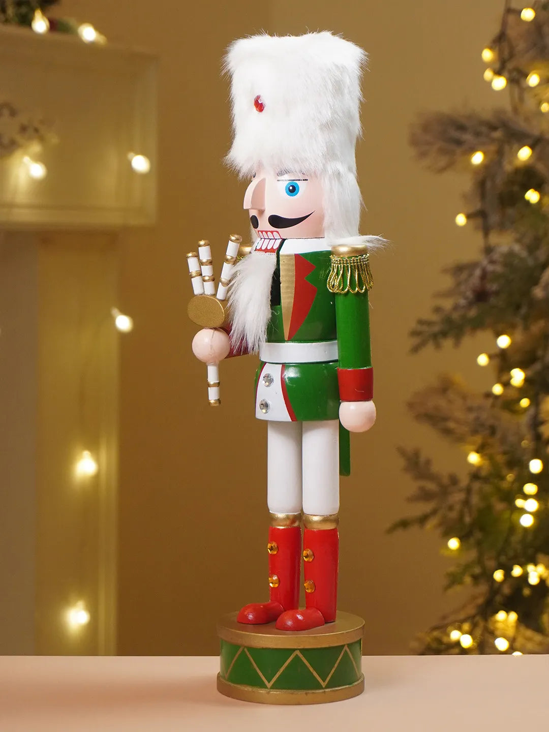 15 Inches White Fur Hat Wooden Drummer Nutcracker Christmas Table Décor