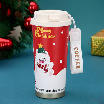 White Puppy, Christmas themed, Xmas stainless steel Coffee/Water Tumbler Bottle, 500ml with free cleaning brush