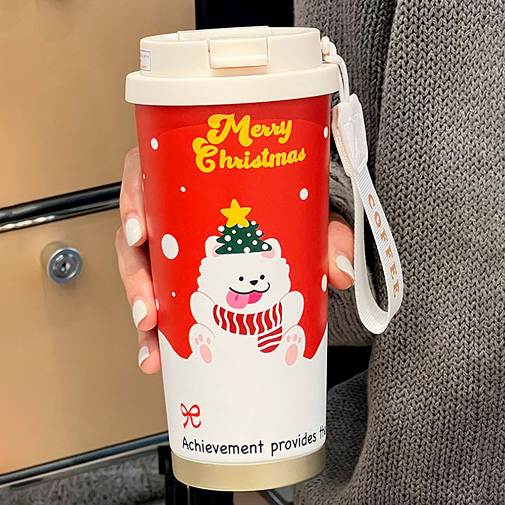 White Puppy, Christmas themed, Xmas stainless steel Coffee/Water Tumbler Bottle, 500ml with free cleaning brush