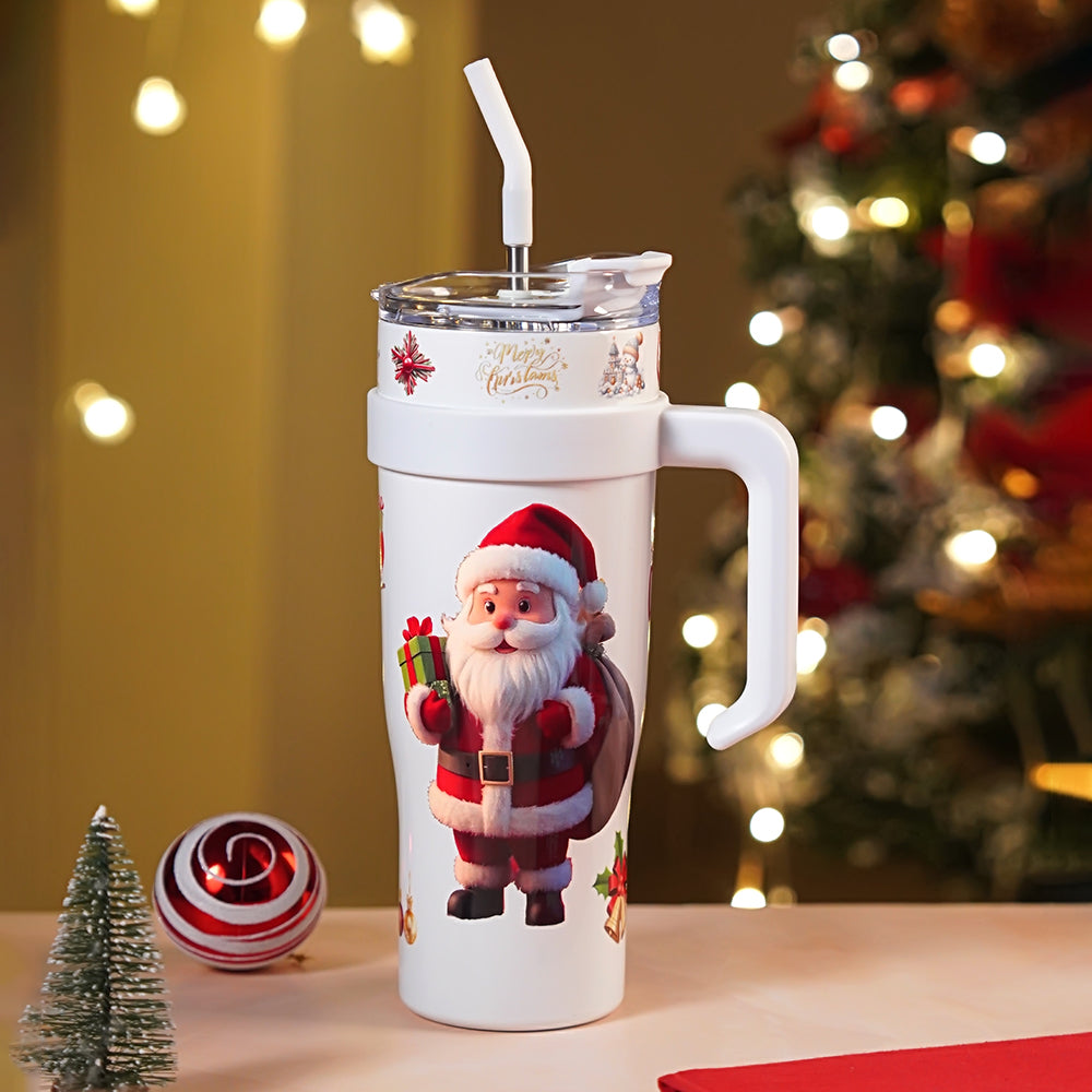 White Santa vacum insulated stainless steel Tumbler with lid and stainless steel straw, 1.2 litres