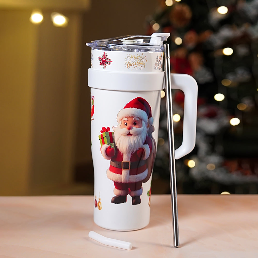 White Santa vacum insulated stainless steel Tumbler with lid and stainless steel straw, 1.2 litres
