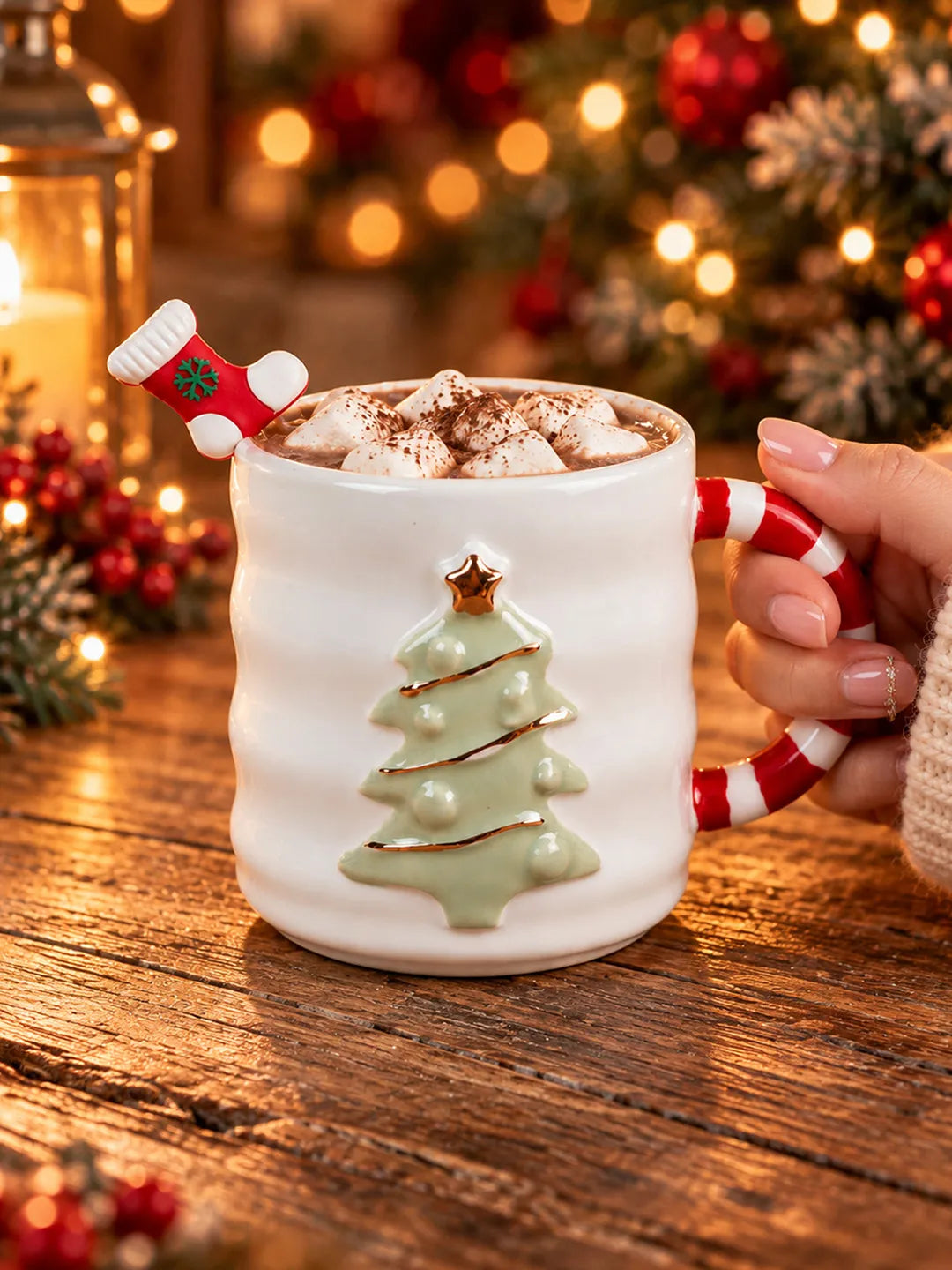 White Christmas Tree Ceramic Hot Chocolate and Coffee Christmas Mug with 3D Spoon