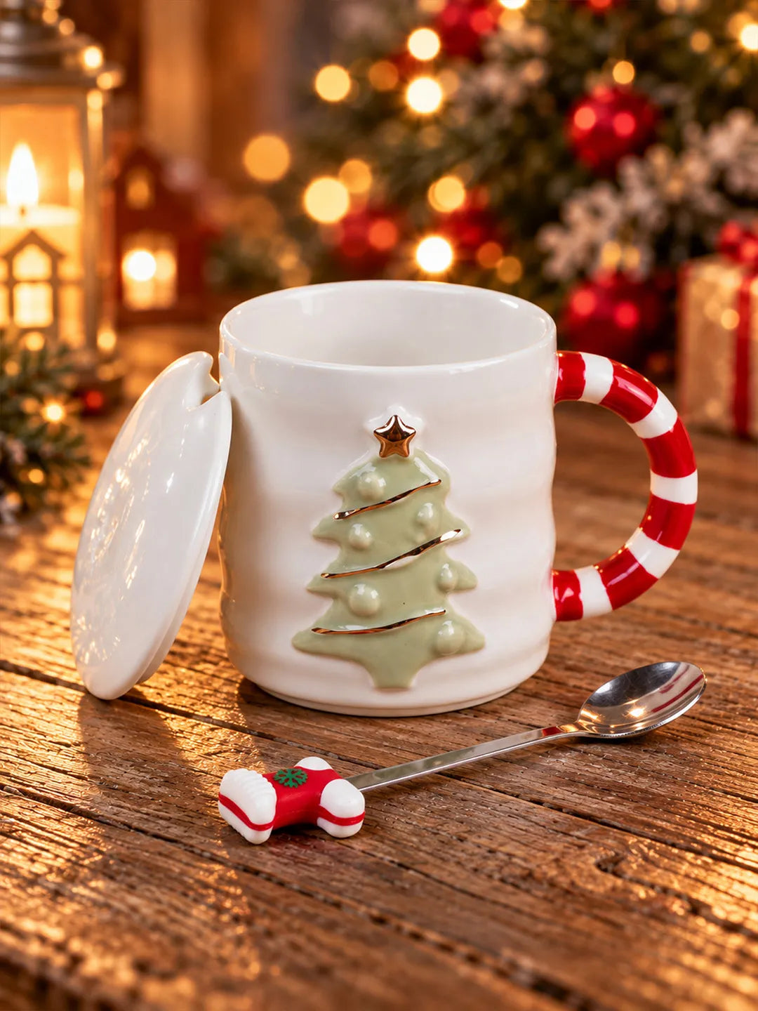 White Christmas Tree Ceramic Hot Chocolate and Coffee Christmas Mug with 3D Spoon