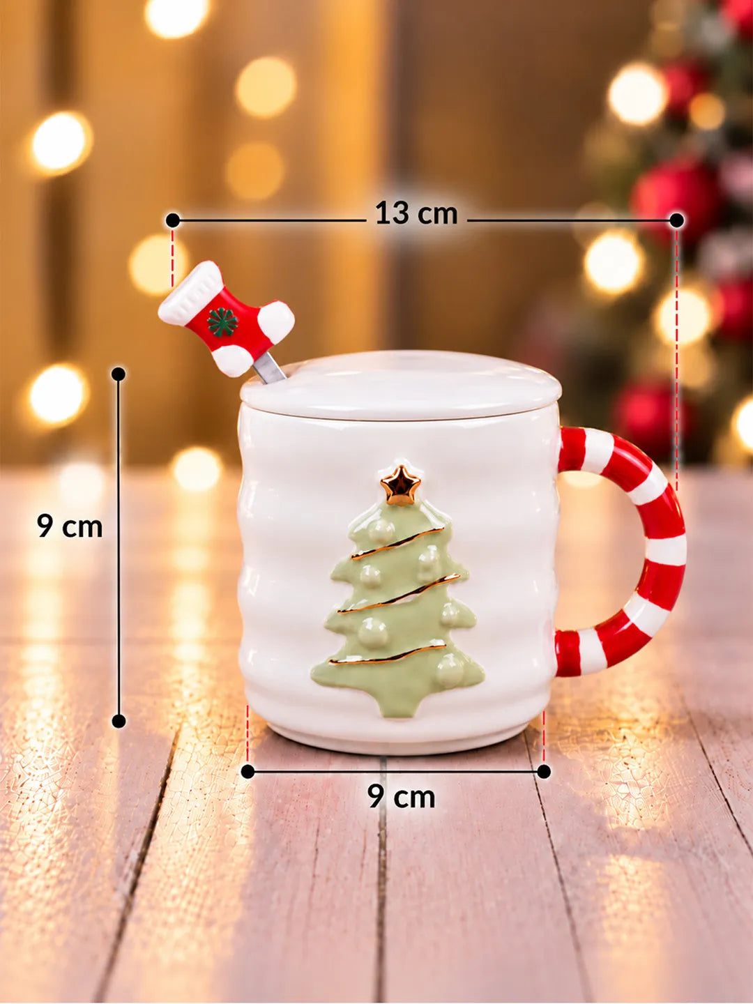 White Christmas Tree Ceramic Hot Chocolate and Coffee Christmas Mug with 3D Spoon