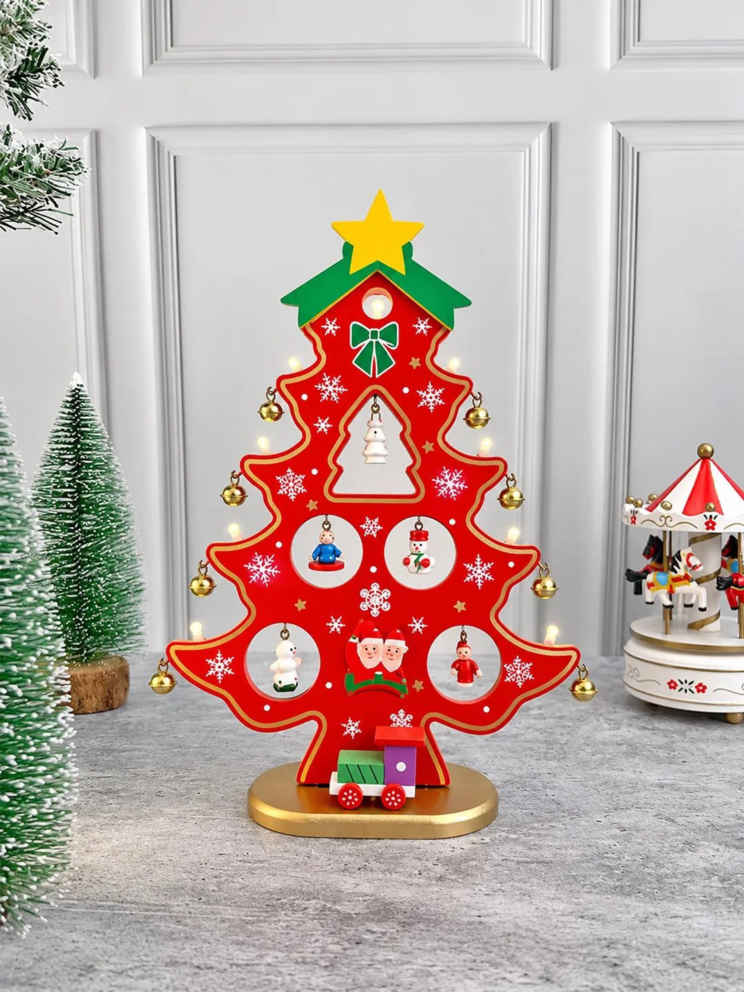 Red DIY Wooden Christmas Tree with LED Light