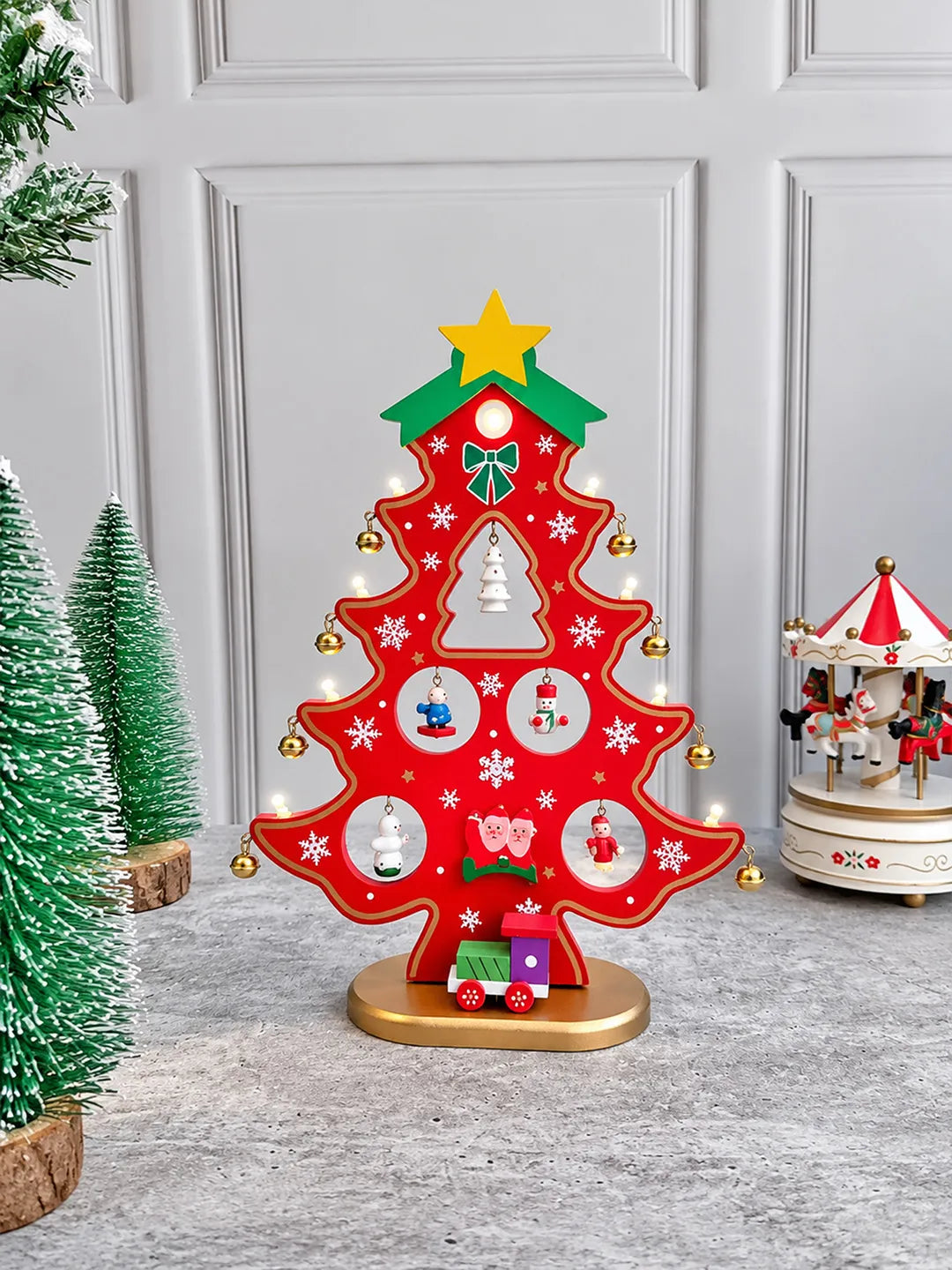 Red DIY Wooden Christmas Tree with LED Light