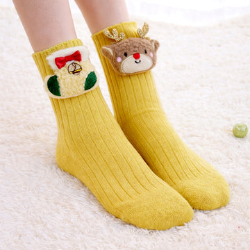 Yellow 3D Dear & Stockings Christmas Themed Ankle Length Socks For Kids