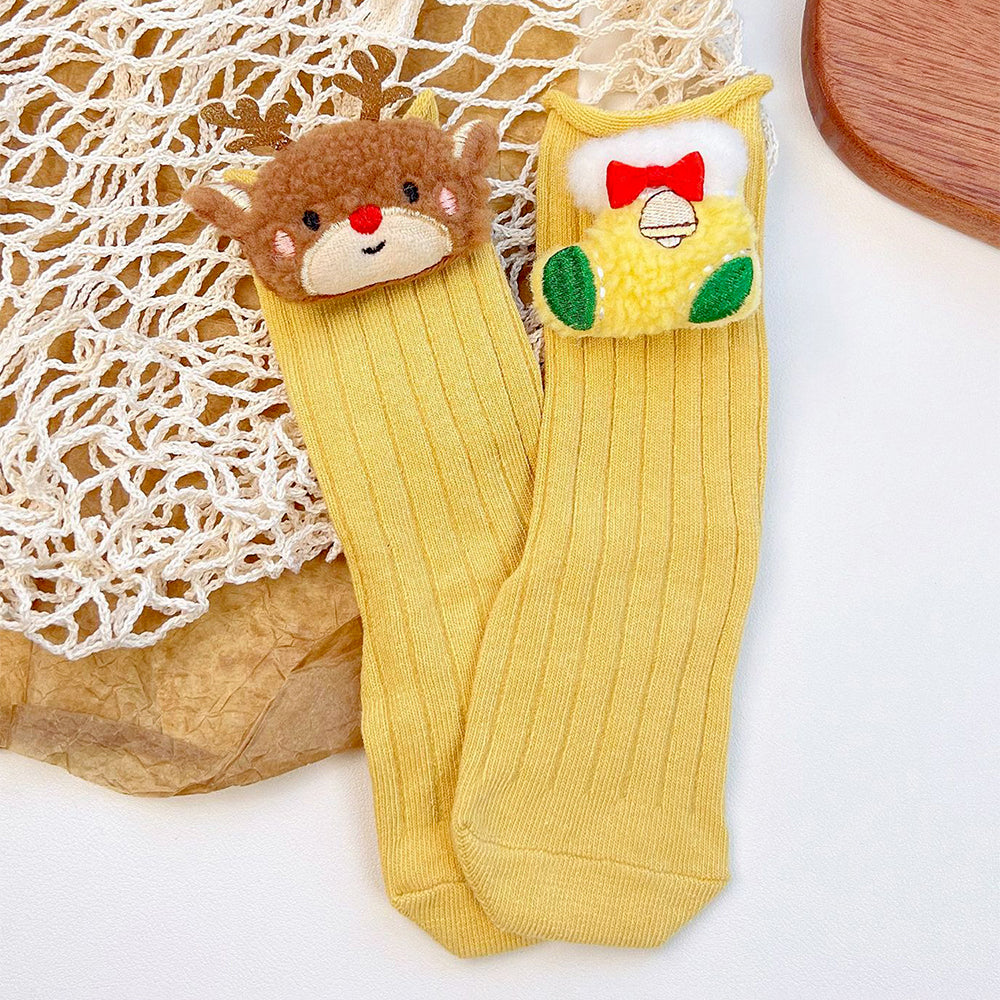 Yellow 3D Dear & Stockings Christmas Themed Ankle Length Socks For Kids