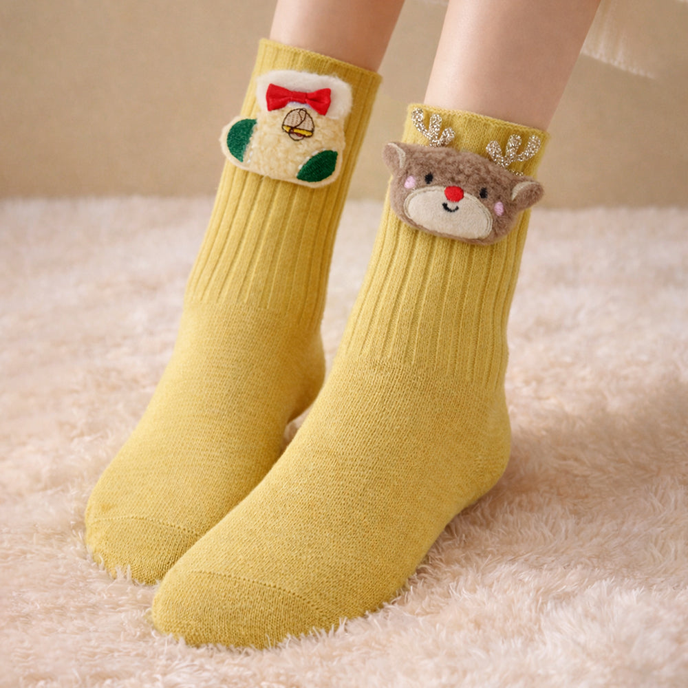 Yellow 3D Dear & Stockings Christmas Themed Ankle Length Socks For Kids