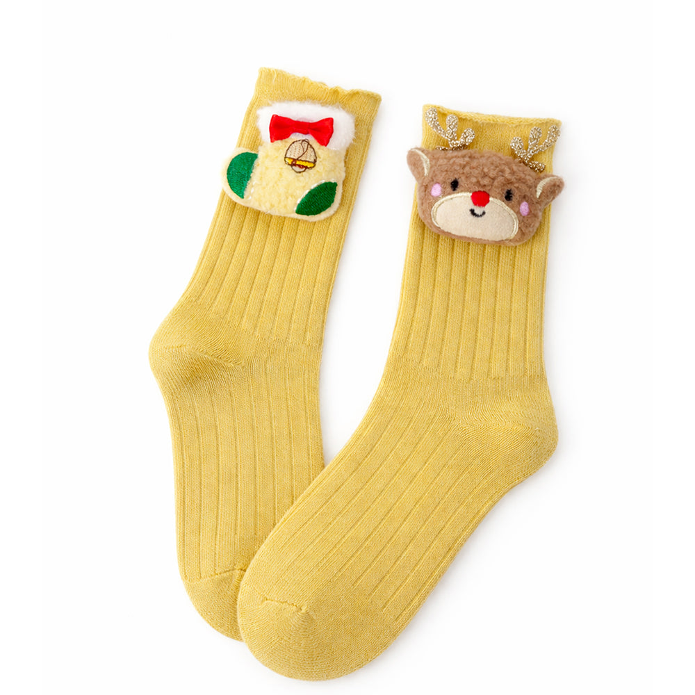Yellow 3D Dear & Stockings Christmas Themed Ankle Length Socks For Kids