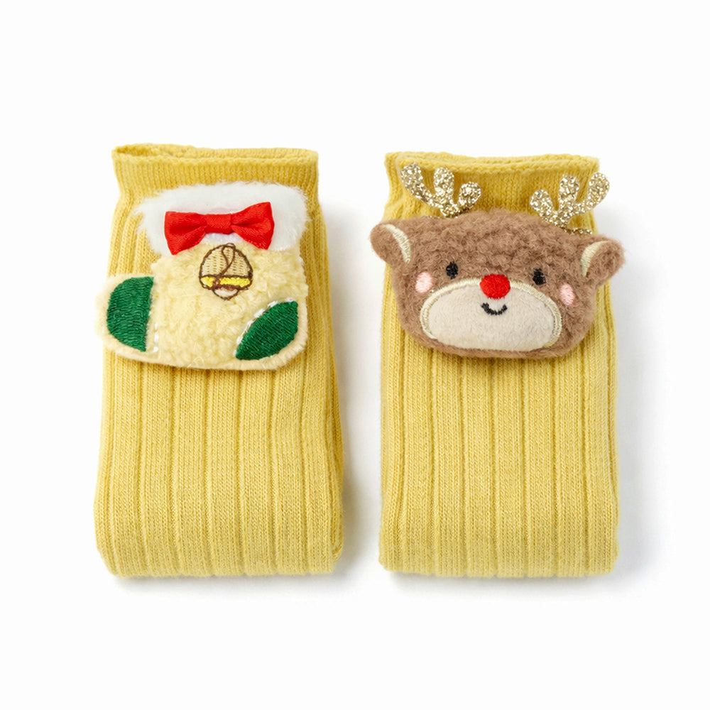 Yellow 3D Dear & Stockings Christmas Themed Ankle Length Socks For Kids